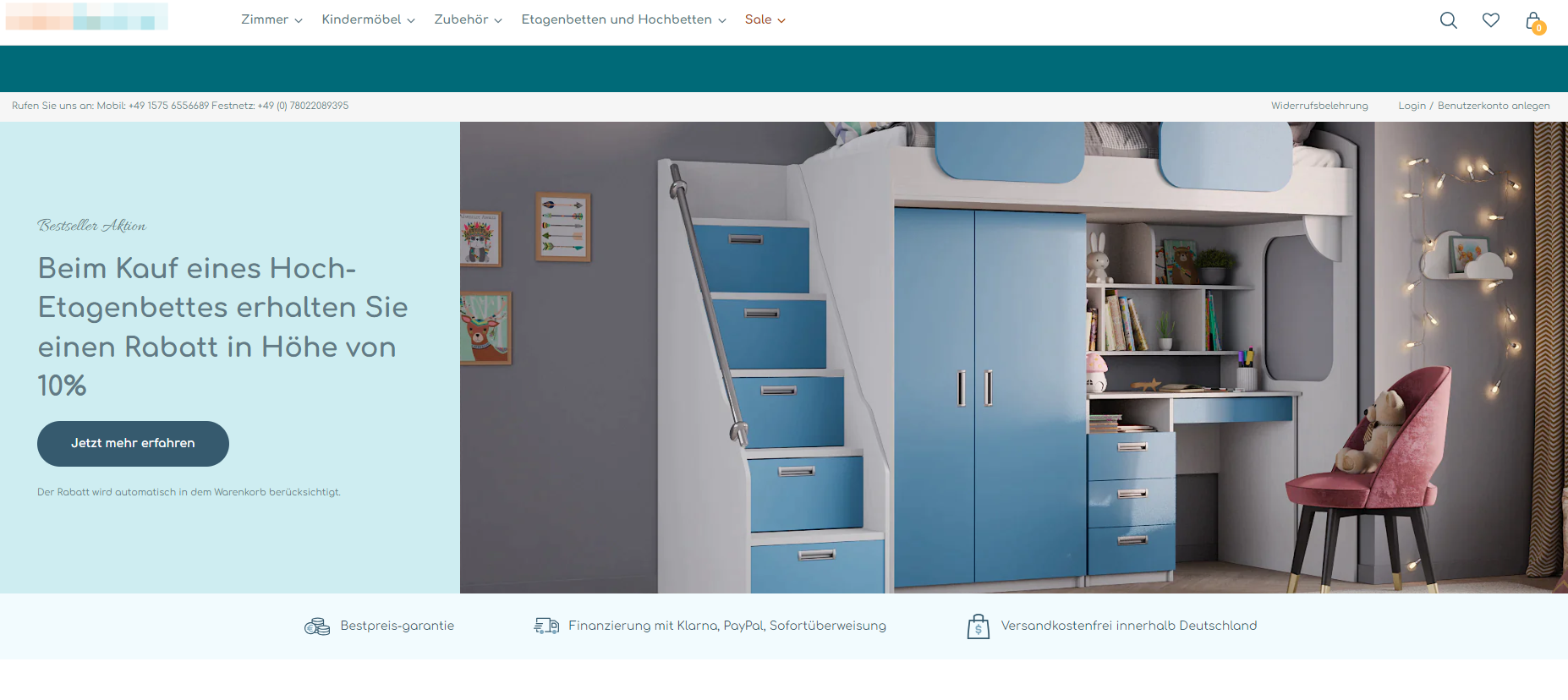 Скриншот с главной страницы магазина детской мебели