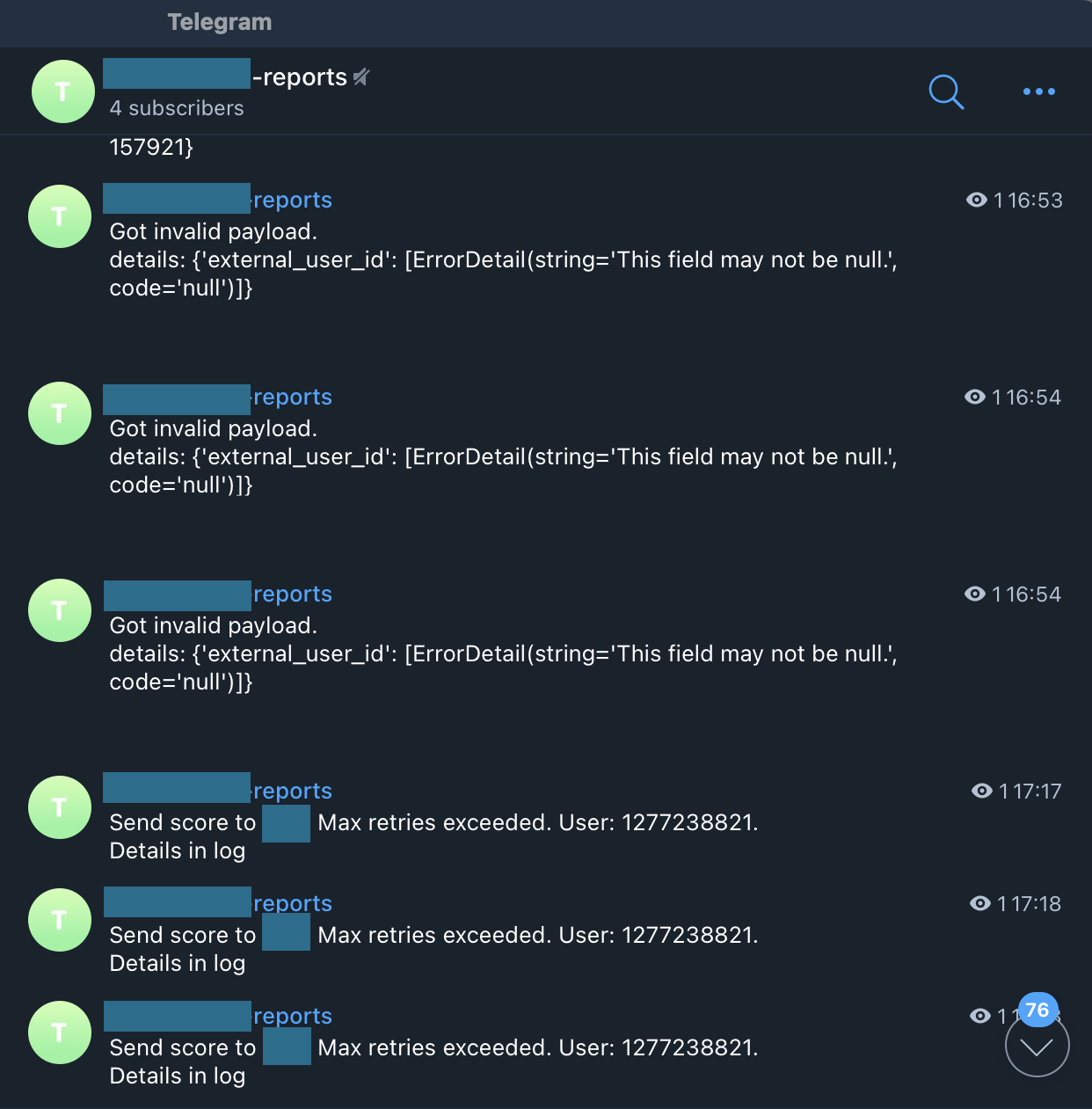 Сообщения о ошибках в работе сервиса от Telegram-бота
