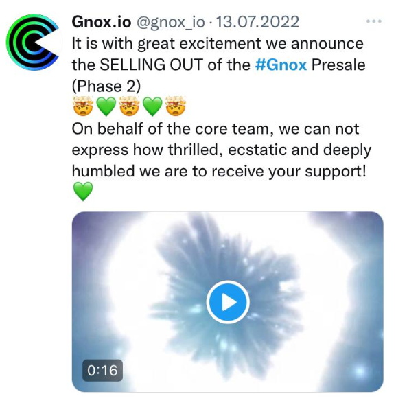 Твит о sold out токенов Gnox на предпродаже